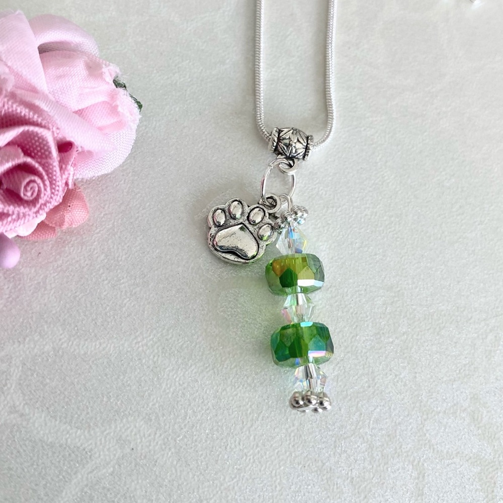 Silver Paw Charm with Green Crystal Beads with Sterling Silver Necklace